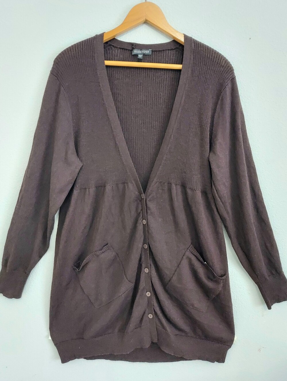 Eileen Fisher Wool Longline Cardigan Ribbed Detail Patch Pockets Brown XL